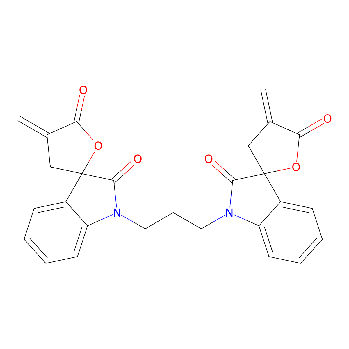 3'-Methylidene-1-[3-(4'-methylidene-2,5'-dioxospiro[indole-3,2'-oxolane]-1-yl)propyl]spiro[indole-3,5'-oxolane]-2,2'-dione molecular structure, CAS 3033533-25-1