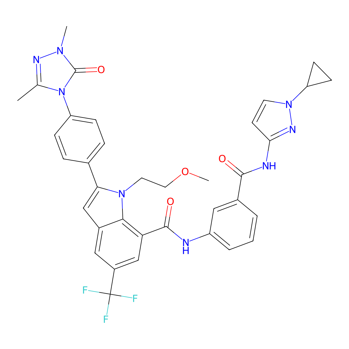 N-[3-[(1-cyclopropylpyrazol-3-yl)carbamoyl]phenyl]-2-[4-(1,3-dimethyl-5-oxo-1,2,4-triazol-4-yl)phenyl]-1-(2-methoxyethyl)-5-(trifluoromethyl)indole-7-carboxamide molecular structure, CAS 3033743-58-4