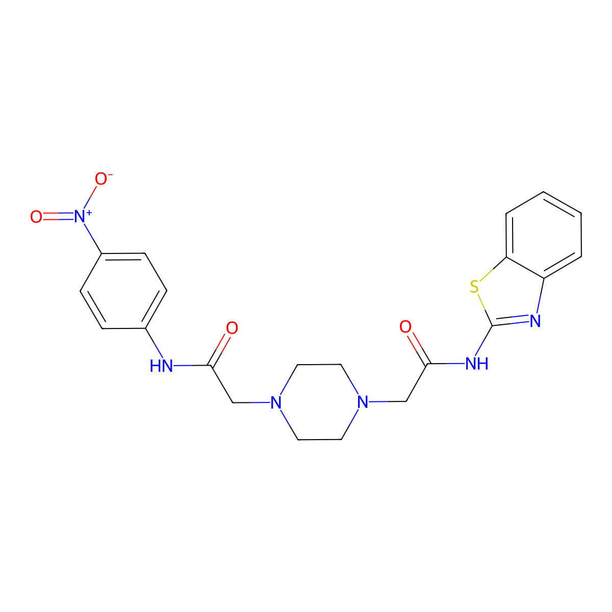 2-[4-[2-(1,3-benzothiazol-2-ylamino)-2-oxoethyl]piperazin-1-yl]-N-(4-nitrophenyl)acetamide molecular structure, CAS 3033806-03-7
