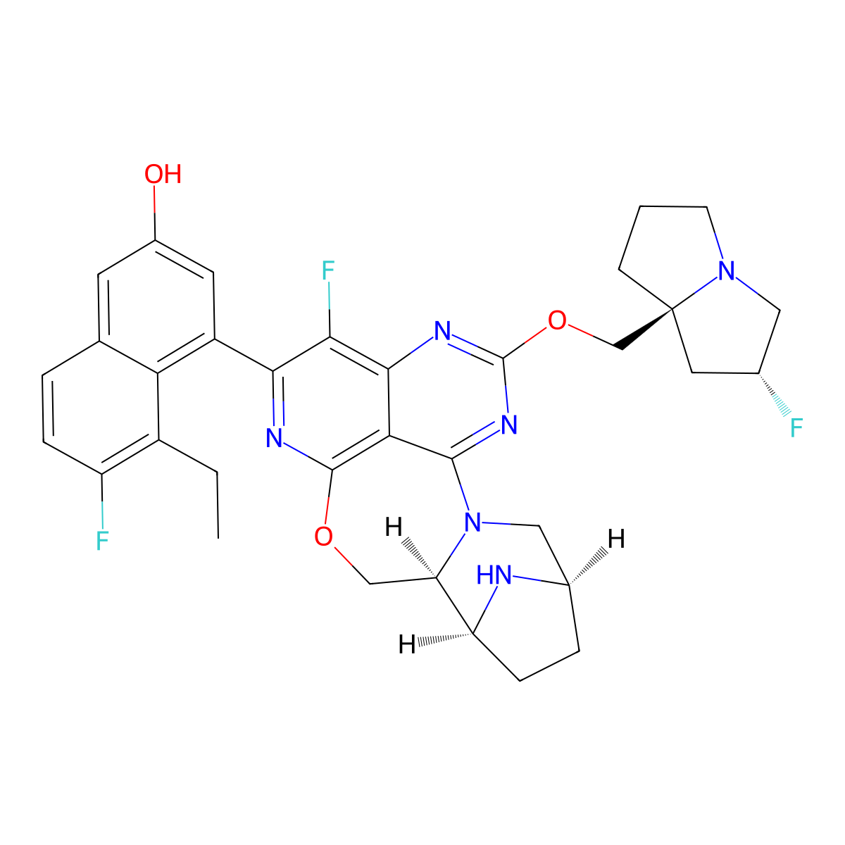 5-Ethyl-6-fluoro-4-((8aS,9S,12R)-4-fluoro-2-(((2R,7aS)-2-fluorotetrahydro-1H-pyrrolizin-7a(5H)-yl)methoxy)-8a,9,10,11,12,13-hexahydro-8H-7-oxa-1,3,6,13a,14-pentaaza-9,12-methanonaphtho[1,8-ab]heptalen-5-yl)naphthalen-2-ol molecular structure, CAS 3033864-81-9