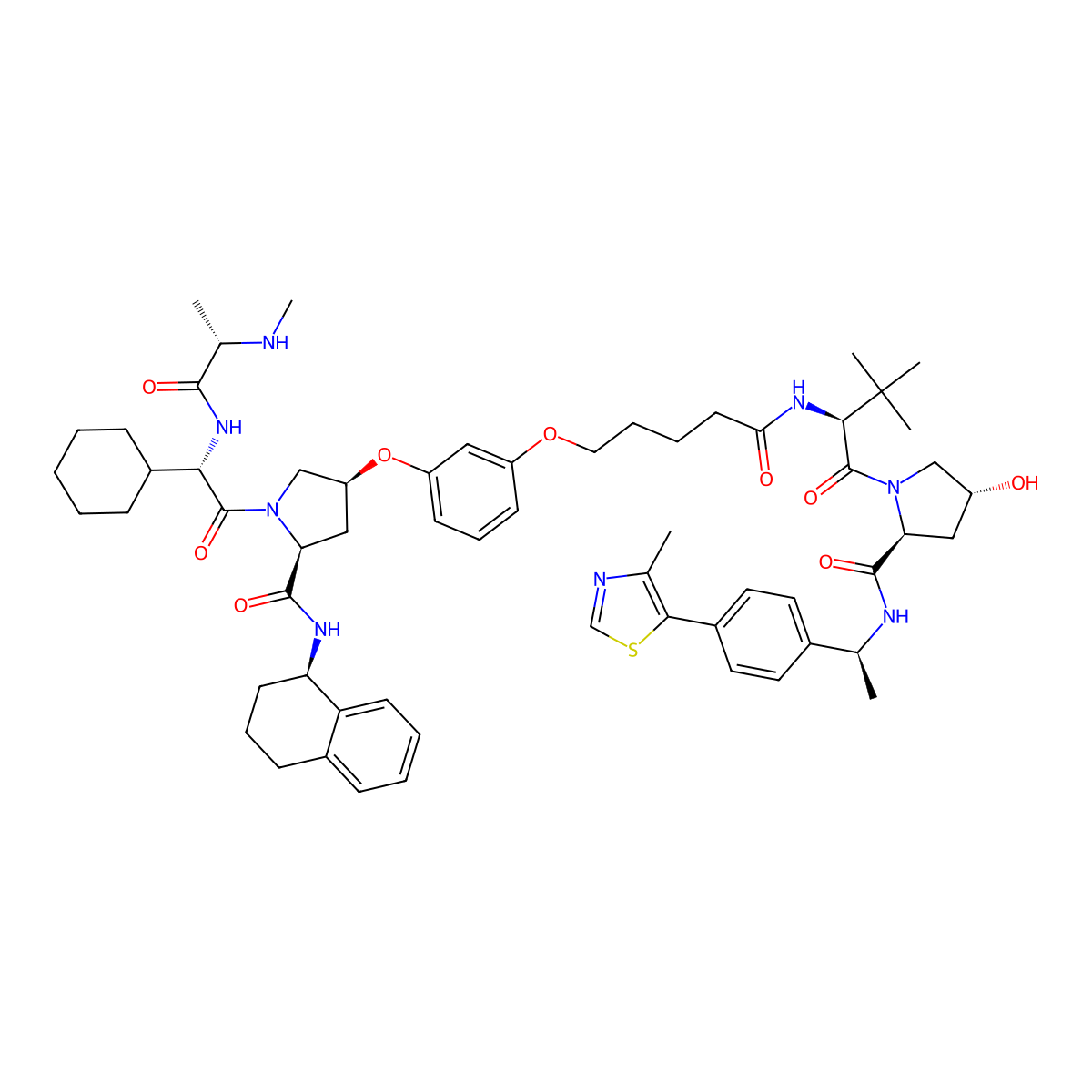 (2S,4R)-1-[(2S)-2-[5-[3-[(3S,5S)-1-[(2S)-2-cyclohexyl-2-[[(2S)-2-(methylamino)propanoyl]amino]acetyl]-5-[[(1R)-1,2,3,4-tetrahydronaphthalen-1-yl]carbamoyl]pyrrolidin-3-yl]oxyphenoxy]pentanoylamino]-3,3-dimethylbutanoyl]-4-hydroxy-N-[(1S)-1-[4-(4-methyl-1,3-thiazol-5-yl)phenyl]ethyl]pyrrolidine-2-carboxamide molecular structure, CAS 3033993-13-1