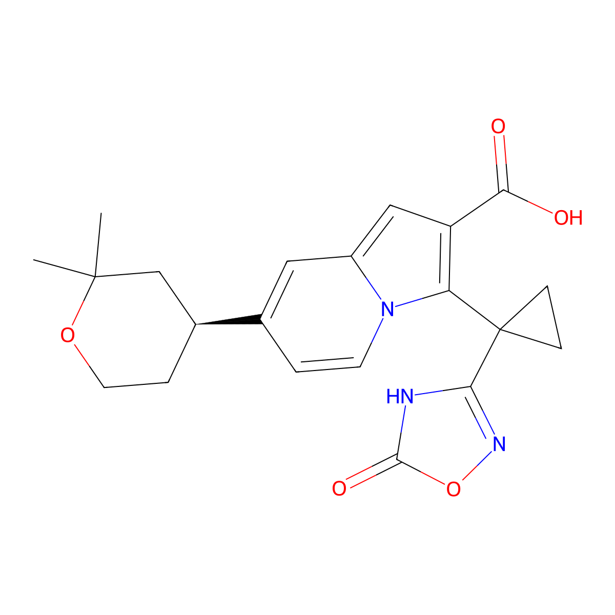 (S)-7-(2,2-Dimethyltetrahydro-2H-pyran-4-yl)-3-(1-(5-oxo-4,5-dihydro-1,2,4-oxadiazol-3-yl)cyclopropyl)indolizine-2-carboxylic acid molecular structure, CAS 3034115-86-8