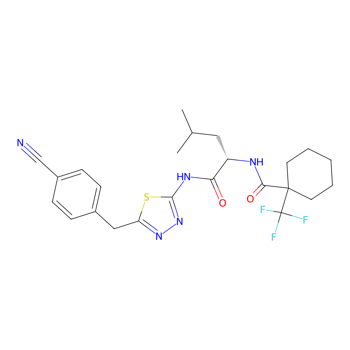 N-[(2S)-1-[[5-[(4-cyanophenyl)methyl]-1,3,4-thiadiazol-2-yl]amino]-4-methyl-1-oxopentan-2-yl]-1-(trifluoromethyl)cyclohexane-1-carboxamide molecular structure, CAS 3034175-95-3