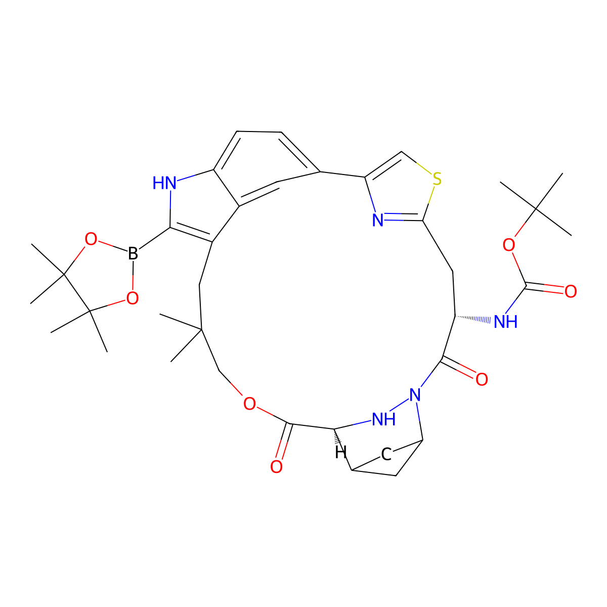 tert-Butyl ((64S,4S)-10,10-dimethyl-5,7-dioxo-12-(4,4,5,5-tetramethyl-1,3,2-dioxaborolan-2-yl)-11H-8-oxa-62,63-diaza-2(4,2)-thiazola-1(5,3)-indola-6(2,4)-bicyclo[3.1.1]heptanacycloundecaphane-4-yl)carbamate molecular structure, CAS 3034241-56-7