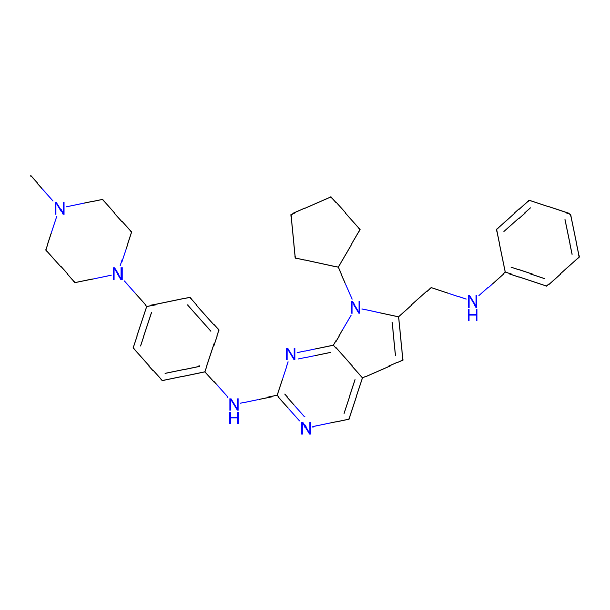 6-(anilinomethyl)-7-cyclopentyl-N-[4-(4-methylpiperazin-1-yl)phenyl]pyrrolo[2,3-d]pyrimidin-2-amine molecular structure, CAS 3034649-73-2