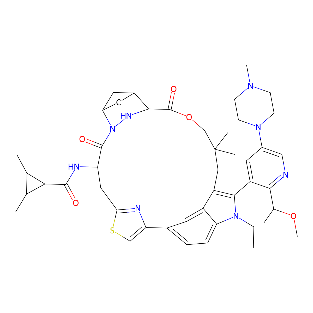 (Z)-N-(11-ethyl-12-(2-(1-methoxyethyl)-5-(4-methylpiperazin-1-yl)pyridin-3-yl)-10,10-dimethyl-5,7-dioxo-11H-8-oxa-62,63-diaza-2(4,2)-thiazola-1(5,3)-indola-6(2,4)-bicyclo[3.1.1]heptanacycloundecaphane-4-yl)-2,3-dimethylcyclopropane-1-carboxamide molecular structure, CAS 3034673-92-9