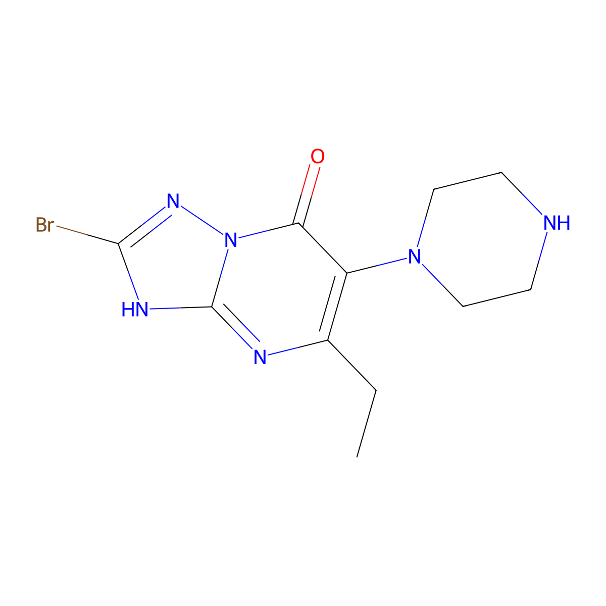 2-Bromo-5-ethyl-6-(piperazin-1-yl)-3,7-dihydro[1,2,4]triazolo[1,5-a]pyrimidin-7-one molecular structure, CAS 3034960-15-8