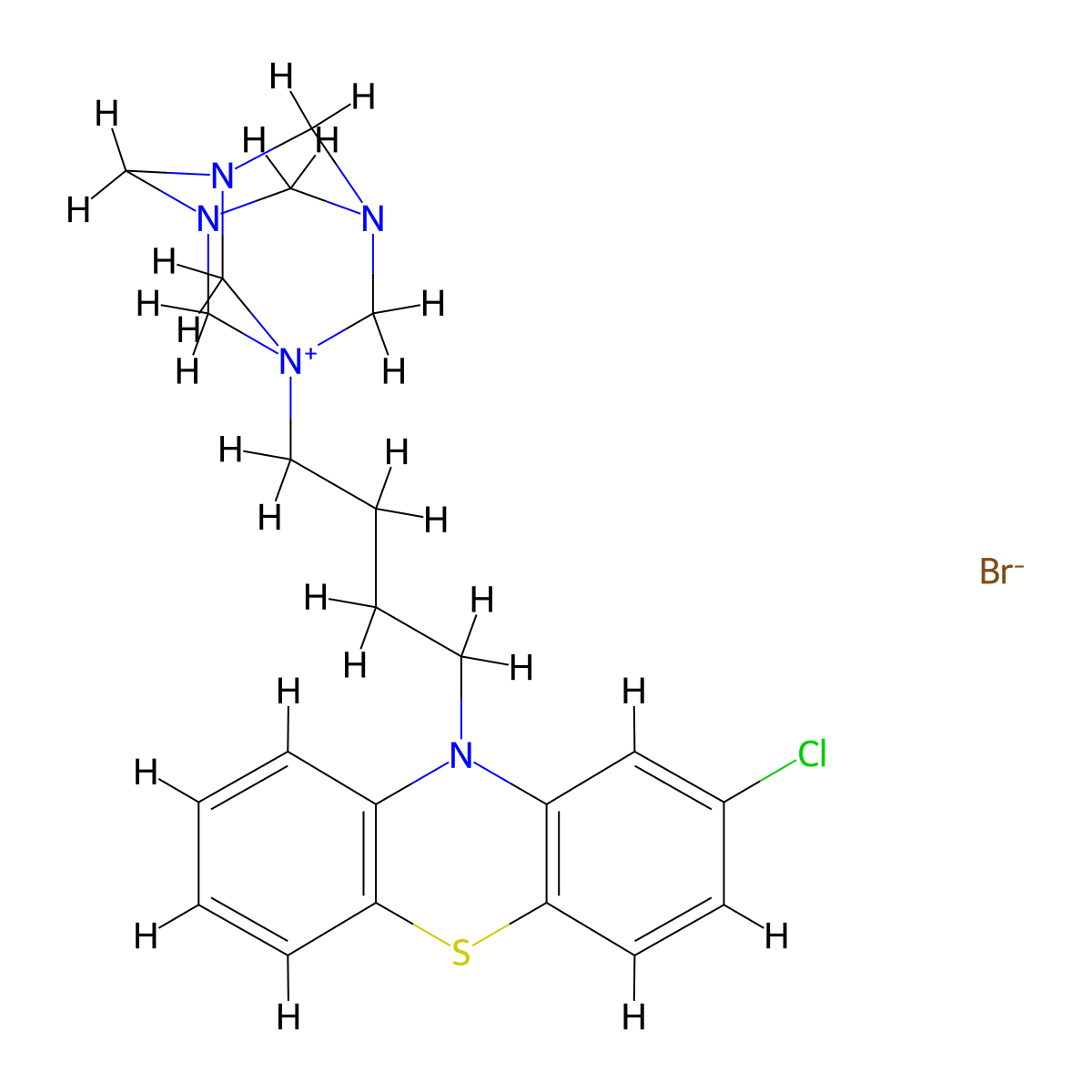 2-Chloro-10-[4-(3,5,7-triaza-1-azoniatricyclo[3.3.1.13,7]decan-1-yl)butyl]phenothiazine bromide molecular structure, CAS 3035032-77-7