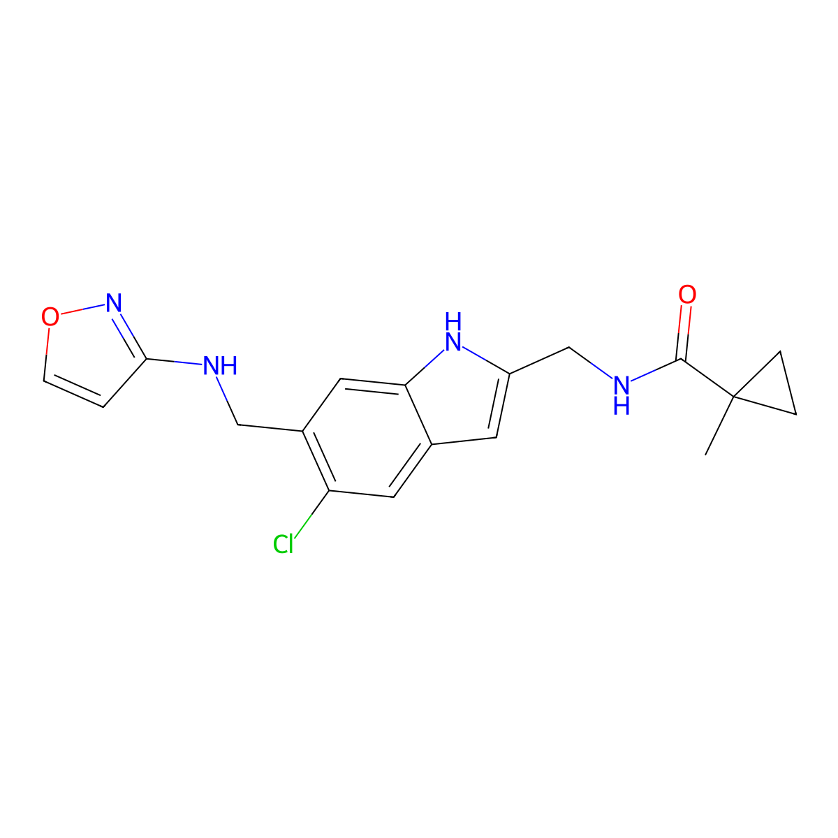 N-((5-chloro-6-((isoxazol-3-ylamino)methyl)-1H-indol-2-yl)methyl)-1-methylcyclopropane-1-carboxamide molecular structure, CAS 3035367-45-1