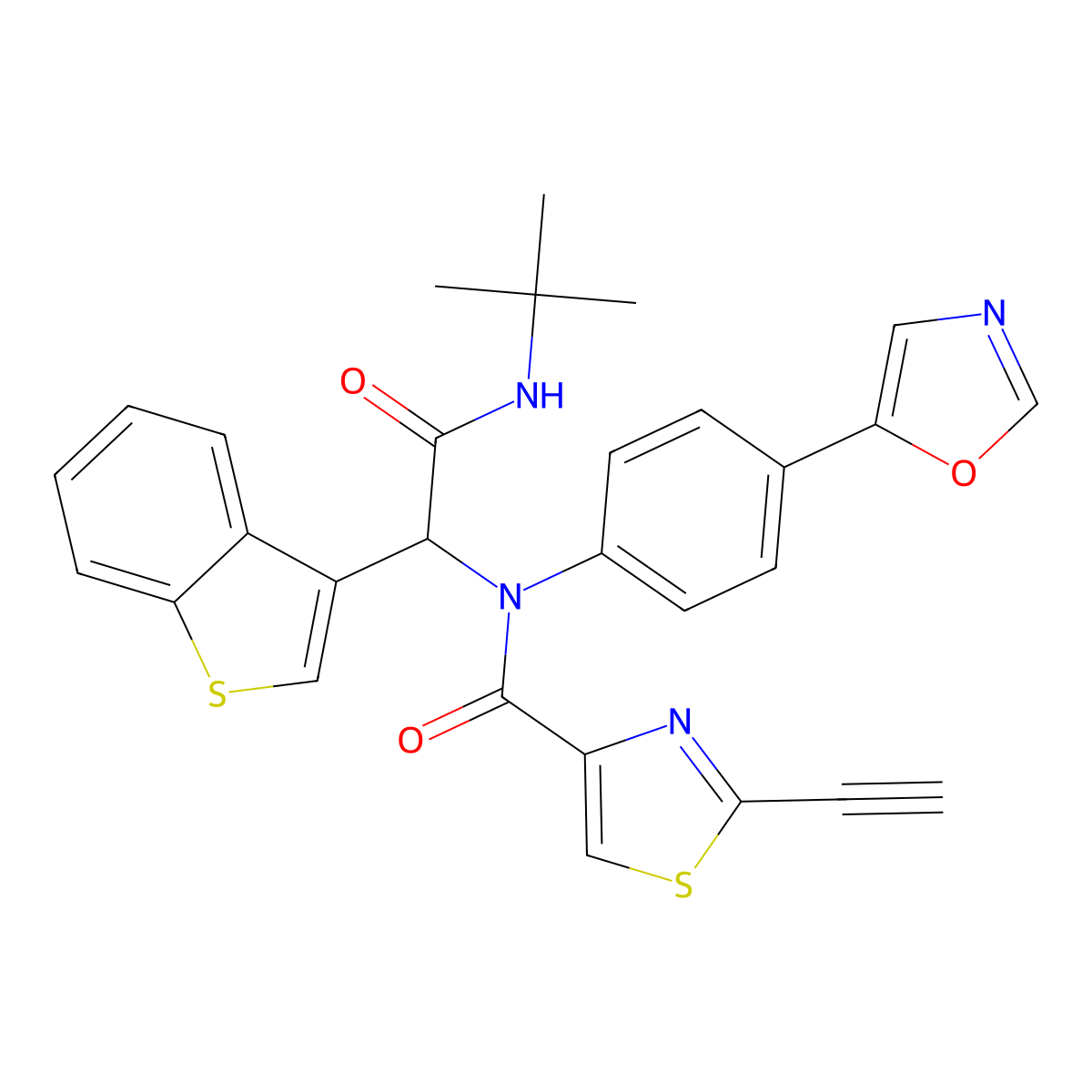 N-[1-(1-benzothiophen-3-yl)-2-(tert-butylamino)-2-oxoethyl]-2-ethynyl-N-[4-(1,3-oxazol-5-yl)phenyl]-1,3-thiazole-4-carboxamide molecular structure, CAS 3035800-33-7