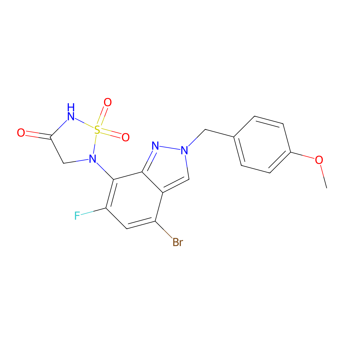 5-(4-Bromo-6-fluoro-2-(4-methoxybenzyl)-2H-indazol-7-YL)-1,2,5-thiadiazolidin-3-one 1,1-dioxide molecular structure, CAS 3037141-47-9