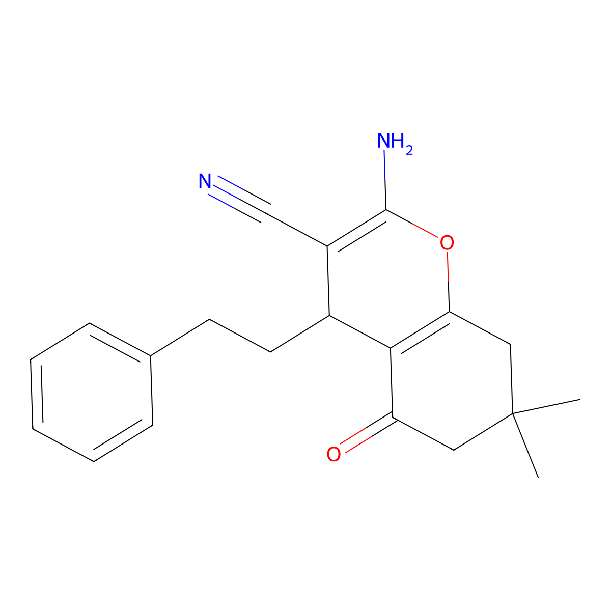 2-Amino-7,7-dimethyl-5-oxo-4-phenethyl-5,6,7,8-tetrahydro-4H-chromene-3-carbonitrile molecular structure, CAS 303728-96-3