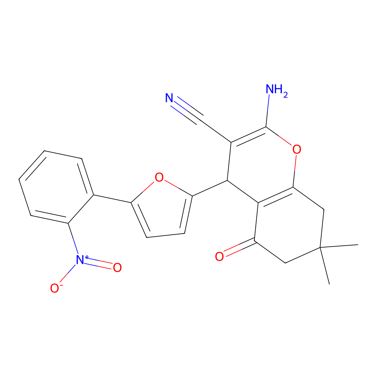 2-amino-7,7-dimethyl-4-[5-(2-nitrophenyl)furan-2-yl]-5-oxo-5,6,7,8-tetrahydro-4H-chromene-3-carbonitrile molecular structure, CAS 303729-01-3