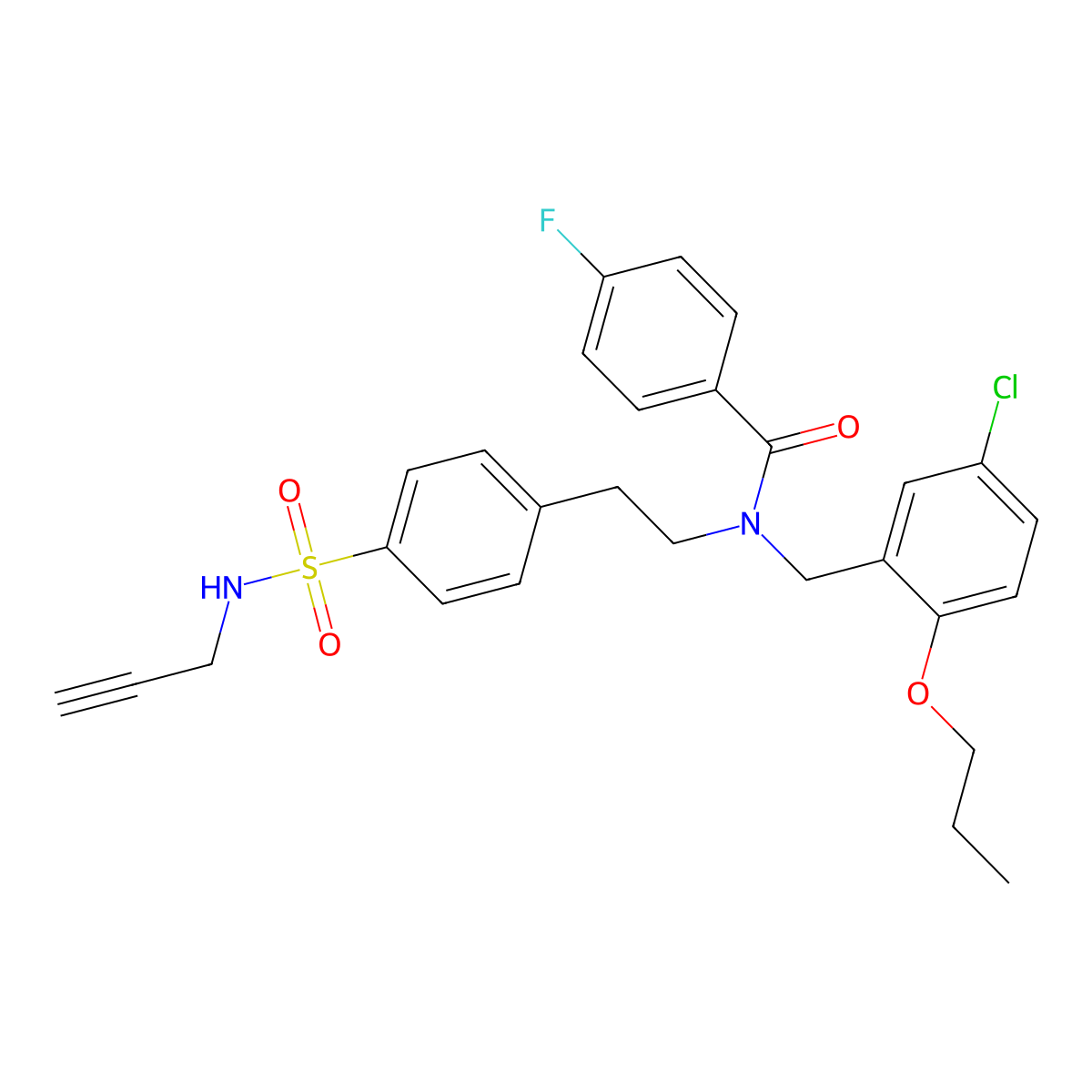 N-[(5-chloro-2-propoxyphenyl)methyl]-4-fluoro-N-[2-[4-(prop-2-ynylsulfamoyl)phenyl]ethyl]benzamide molecular structure, CAS 3037332-85-4