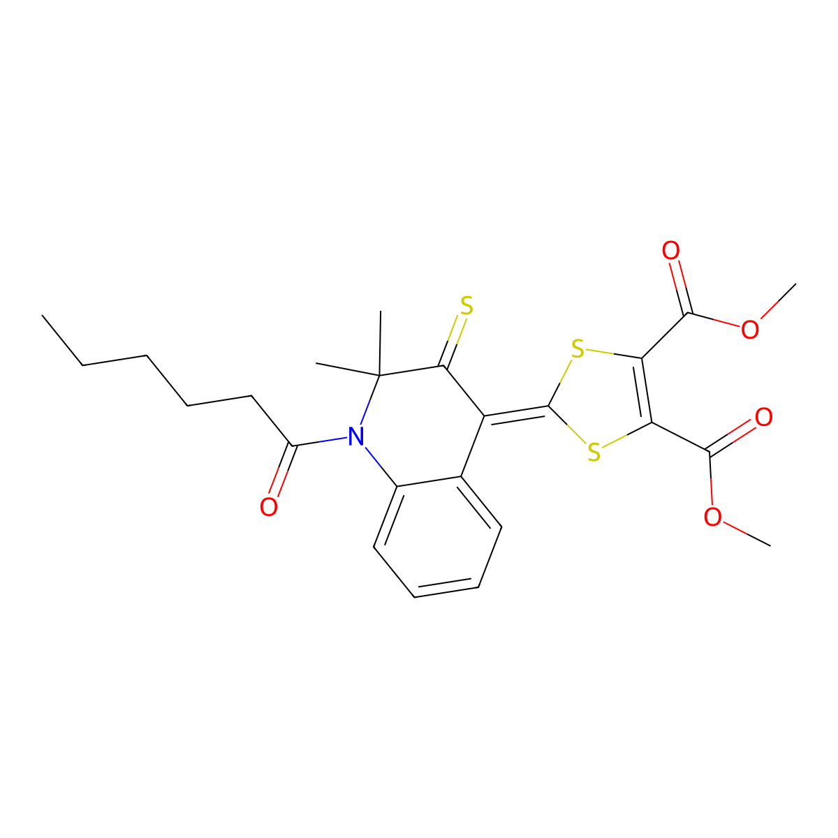 dimethyl 2-(1-hexanoyl-2,2-dimethyl-3-thioxo-2,3-dihydroquinolin-4(1H)-ylidene)-1,3-dithiole-4,5-dicarboxylate molecular structure, CAS 303740-37-6