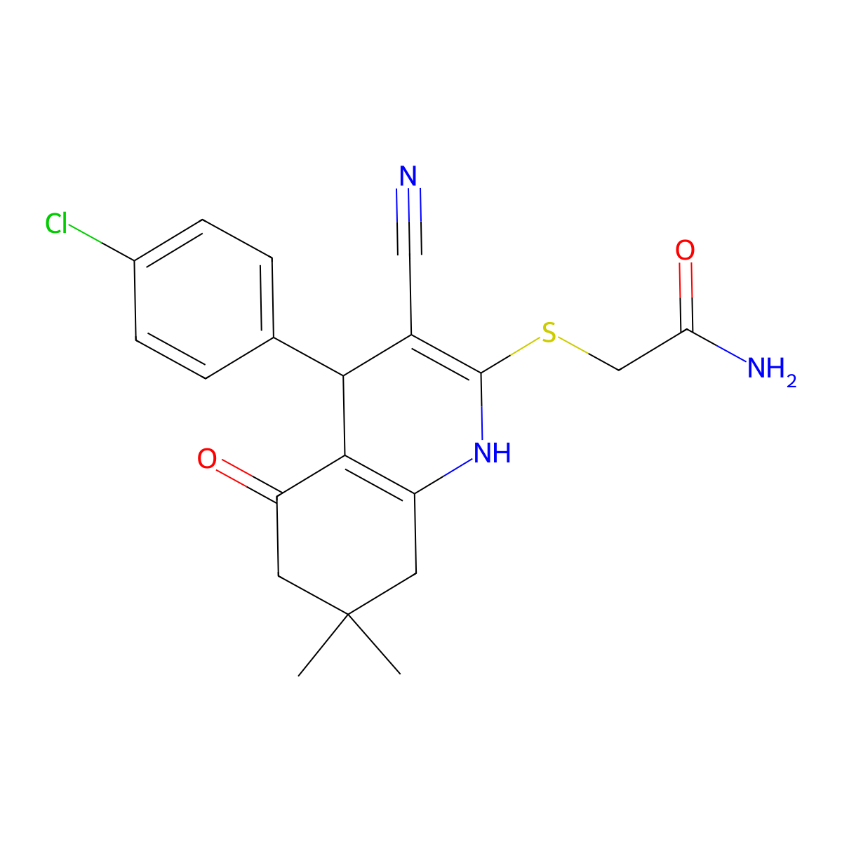 2-[[4-(4-Chlorophenyl)-3-cyano-7,7-dimethyl-5-oxo-1,4,6,8-tetrahydroquinolin-2-yl]sulfanyl]acetamide molecular structure, CAS 303740-39-8