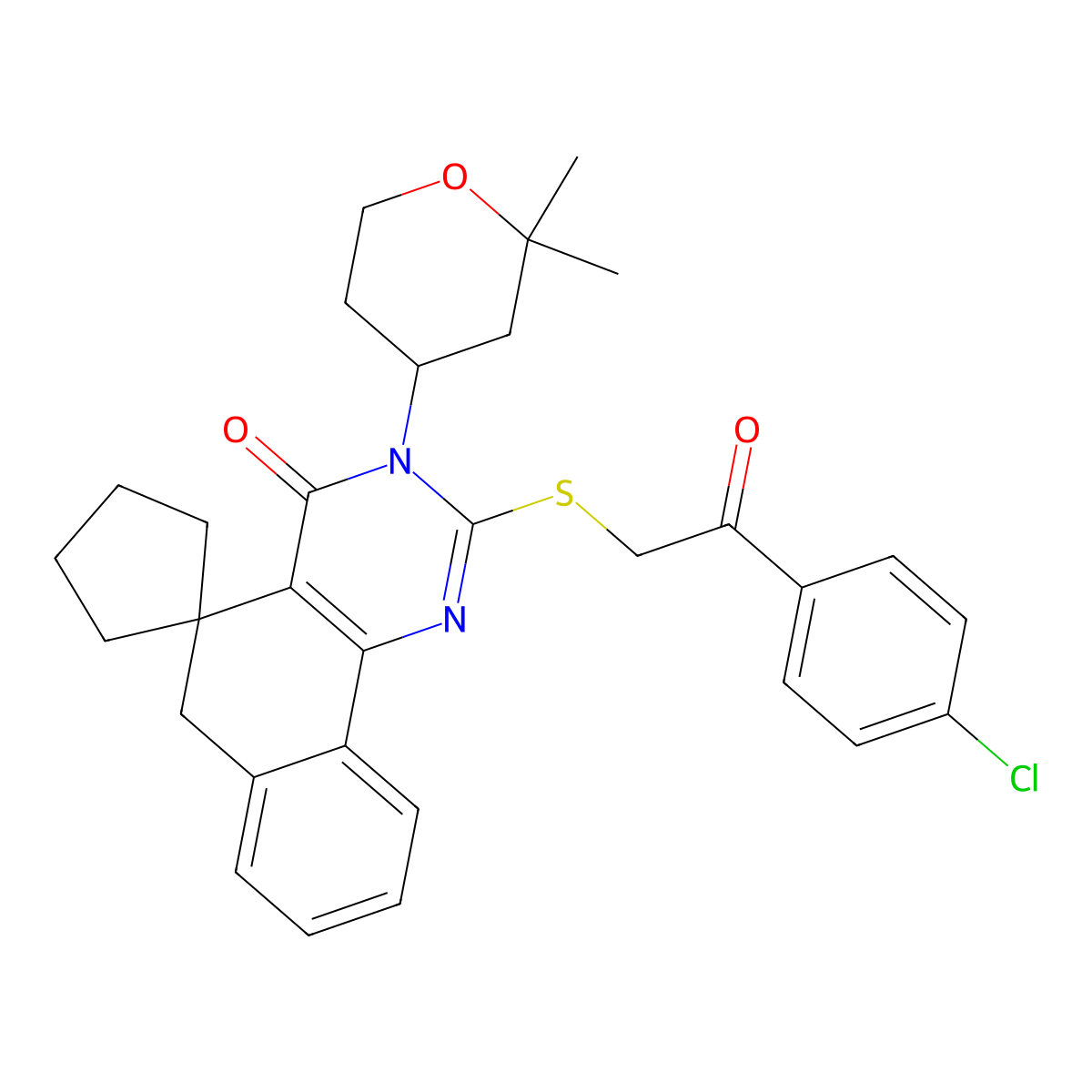 2-{[2-(4-chlorophenyl)-2-oxoethyl]sulfanyl}-3-(2,2-dimethyltetrahydro-2H-pyran-4-yl)-5,6-dihydro-4(3H)-oxospiro(benzo[h]quinazoline-5,1'-cyclopentane) molecular structure, CAS 303740-48-9