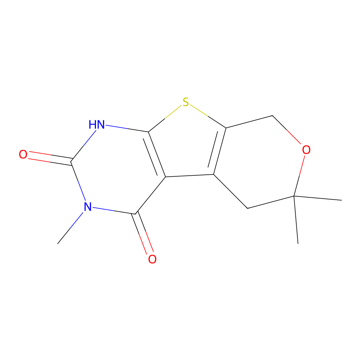 3,6,6-trimethyl-1,5,6,8-tetrahydro-2H-pyrano[4',3':4,5]thieno[2,3-d]pyrimidine-2,4(3H)-dione molecular structure, CAS 303740-61-6