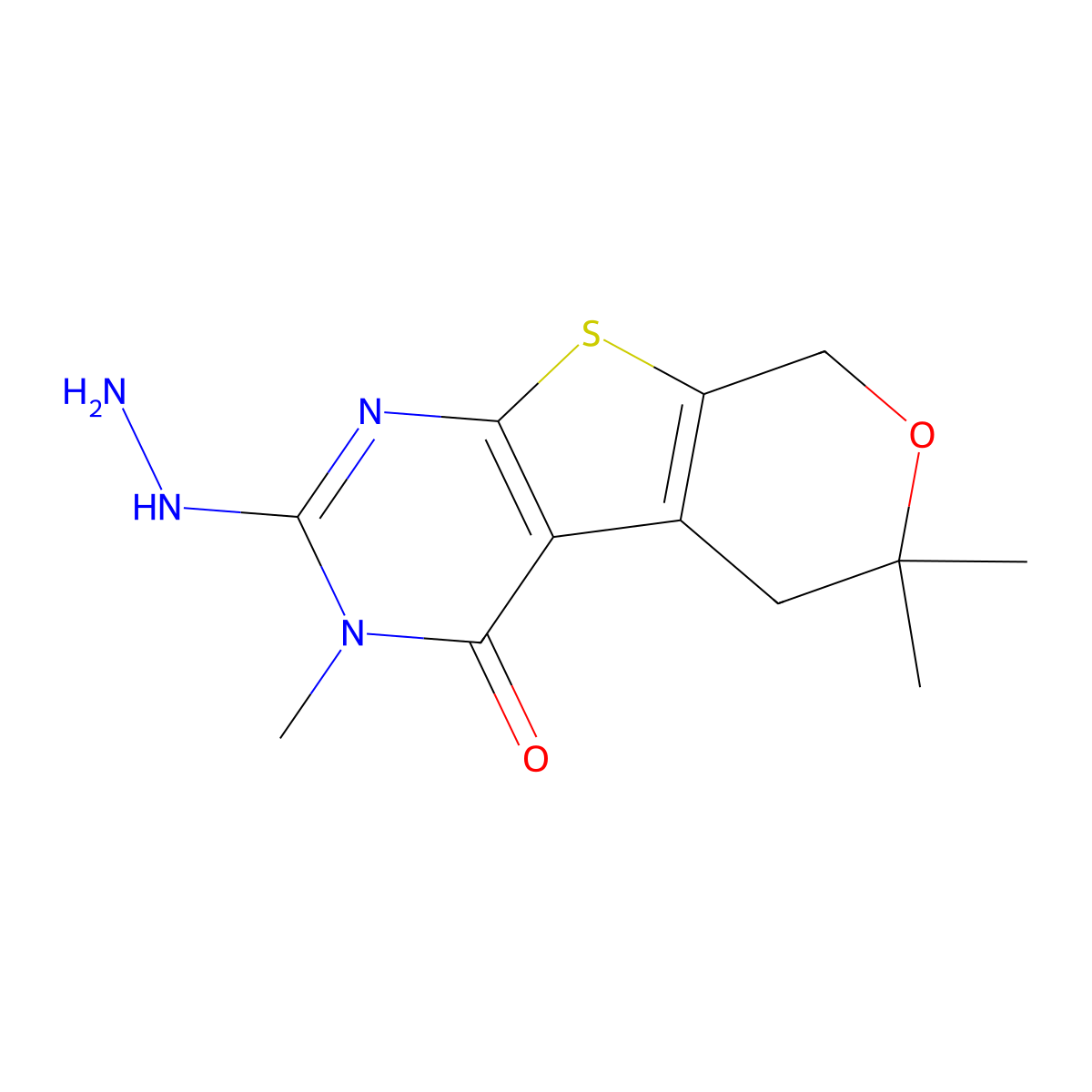 2-Hydrazino-3,6,6-trimethyl-3,5,6,8-tetrahydro-7-oxa-9-thia-1,3-diaza-fluoren-4-one molecular structure, CAS 303740-68-3
