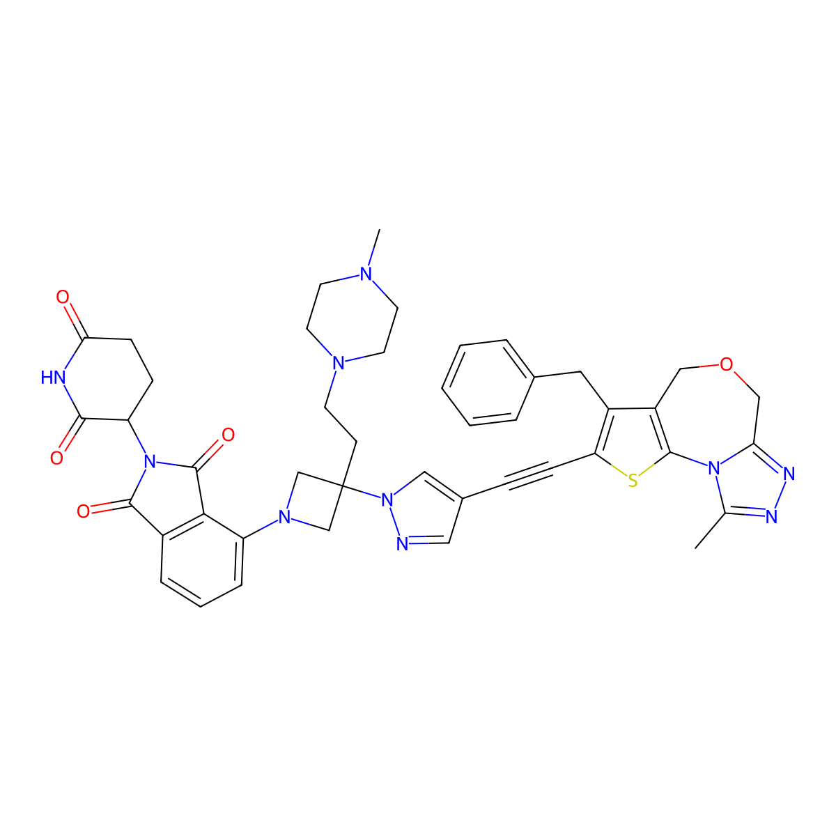 4-(3-(4-((3-Benzyl-9-methyl-4H,6H-thieno[2,3-e][1,2,4]triazolo[3,4-c][1,4]oxazepin-2-yl)ethynyl)-1H-pyrazol-1-yl)-3-(2-(4-methylpiperazin-1-yl)ethyl)azetidin-1-yl)-2-(2,6-dioxopiperidin-3-yl)isoindoline-1,3-dione molecular structure, CAS 3037514-38-5
