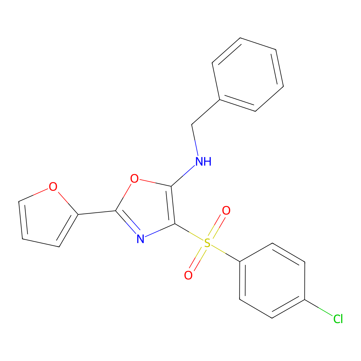 Benzyl-(4-(4-chloro-benzenesulfonyl)-2-furan-2-YL-oxazol-5-YL)-amine molecular structure, CAS 303753-66-4