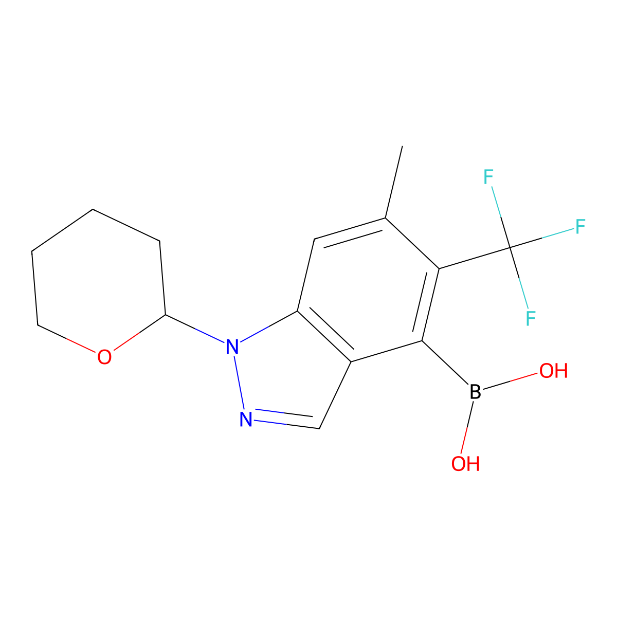 (6-Methyl-1-(tetrahydro-2H-pyran-2-yl)-5-(trifluoromethyl)-1H-indazol-4-yl)boronic acid molecular structure, CAS 3037624-32-8