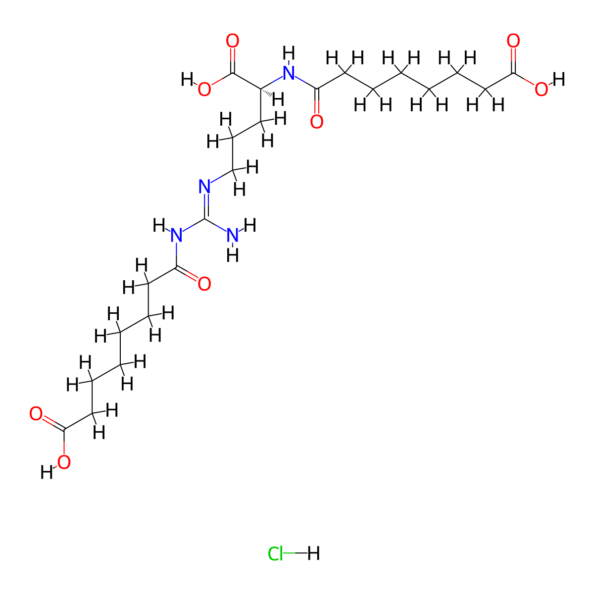 (S)-8-((1-carboxy-4-(3-(7-carboxyheptanoyl)guanidino)butyl)amino)-8-oxooctanoic acid hydrochloride molecular structure, CAS 3037649-58-1