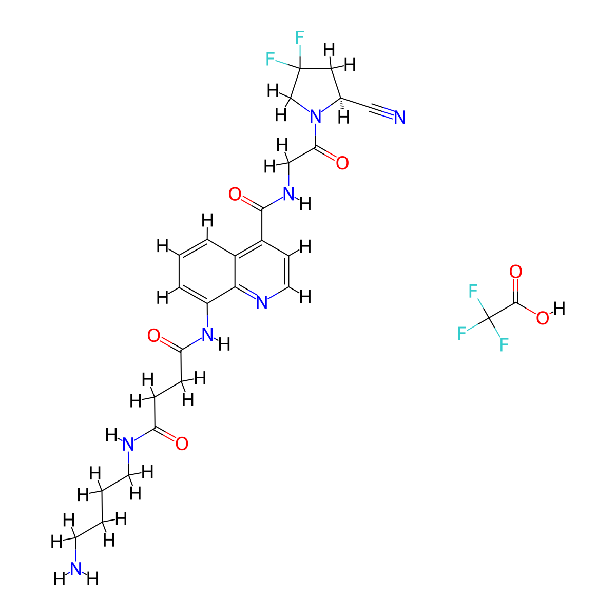 (S)-N1-(4-aminobutyl)-N4-(4-((2-(2-cyano-4,4-difluoropyrrolidin-1-yl)-2-oxoethyl)carbamoyl)quinolin-8-yl)succinamide 2,2,2-trifluoroacetic acid molecular structure, CAS 3037649-94-5