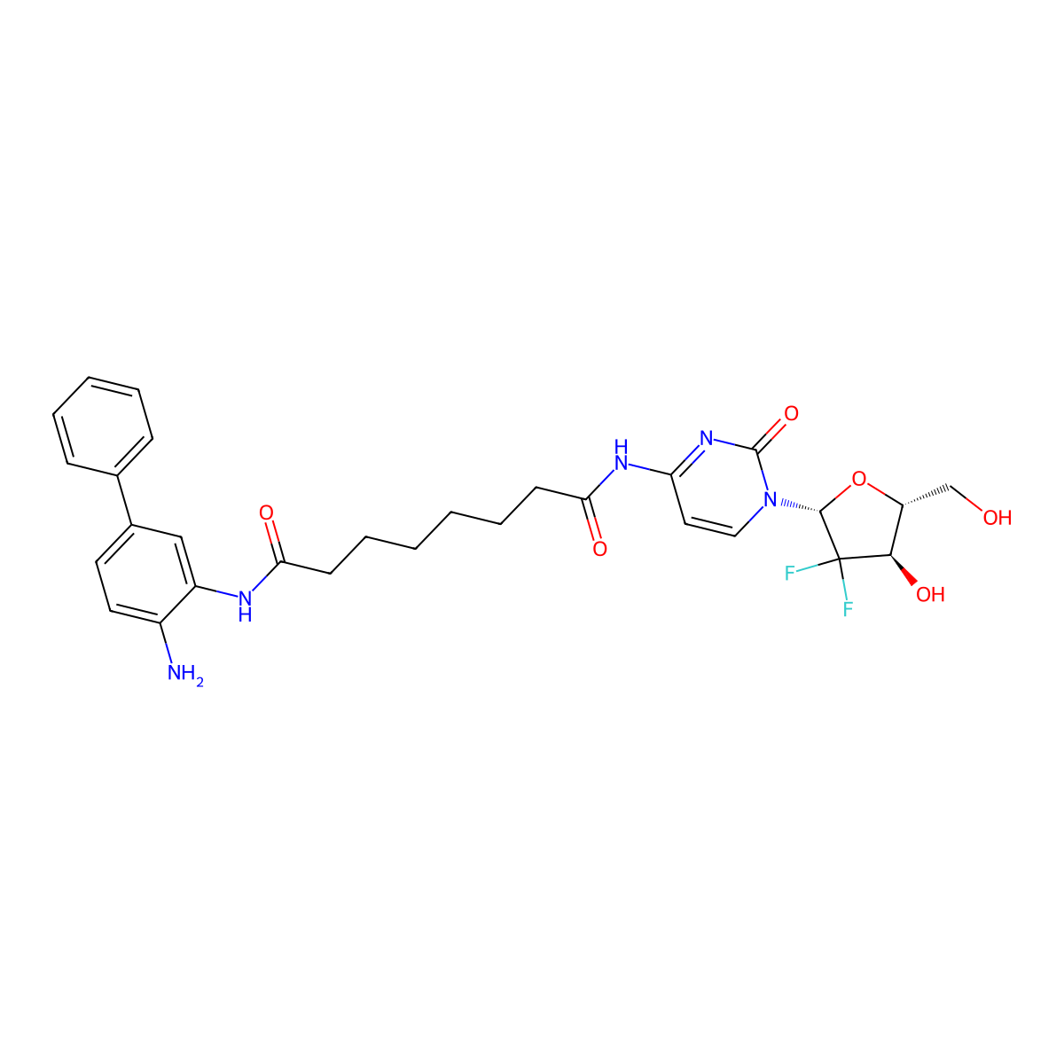 N1-(4-amino-[1,1'-biphenyl]-3-yl)-N8-(1-((2R,4R,5R)-3,3-difluoro-4-hydroxy-5-(hydroxymethyl)tetrahydrofuran-2-yl)-2-oxo-1,2-dihydropyrimidin-4-yl)octanediamide molecular structure, CAS 3037659-03-0