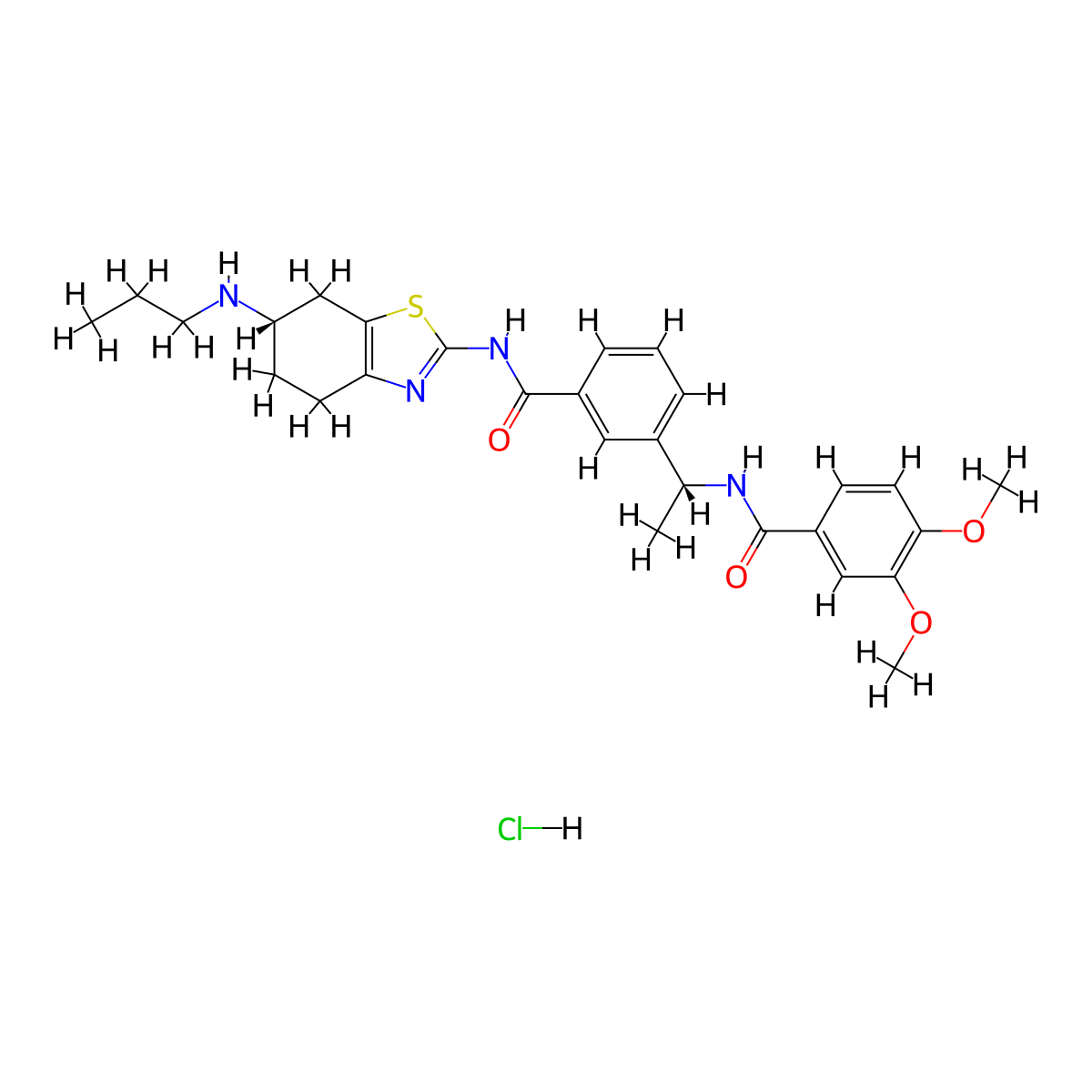 3,4-dimethoxy-N-((R)-1-(3-(((S)-6-(propylamino)-4,5,6,7-tetrahydrobenzo[d]thiazol-2-yl)carbamoyl)phenyl)ethyl)benzamide hydrochloride molecular structure, CAS 3037659-14-3