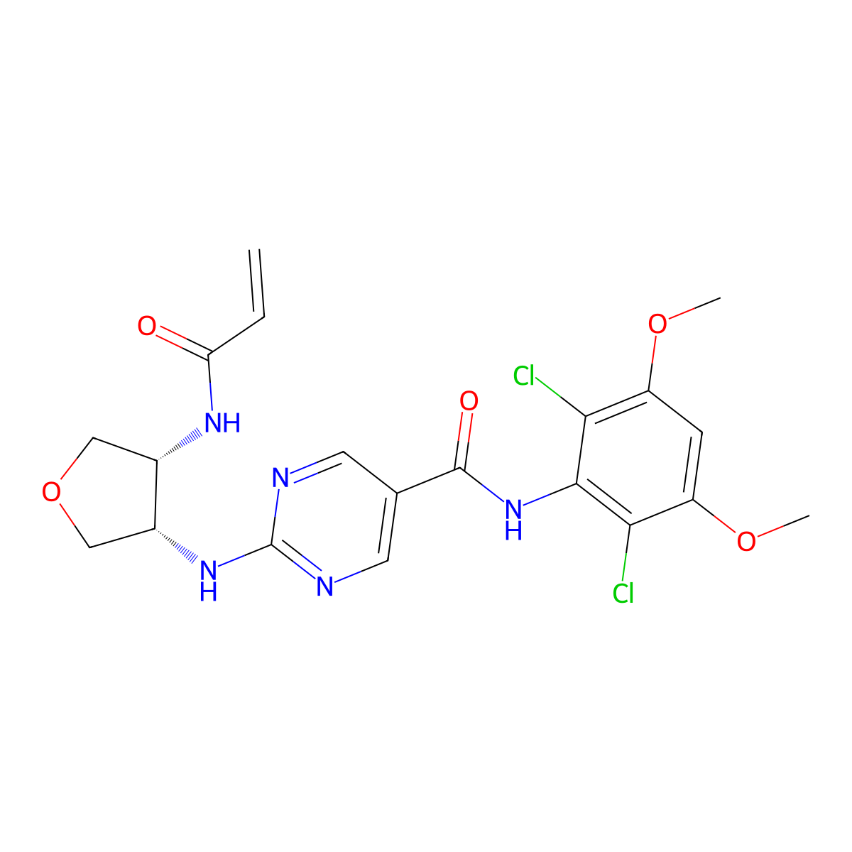 2-(((3S,4R)-4-acrylamidotetrahydrofuran-3-yl)amino)-N-(2,6-dichloro-3,5-dimethoxyphenyl)pyrimidine-5-carboxamide molecular structure, CAS 3037659-50-7