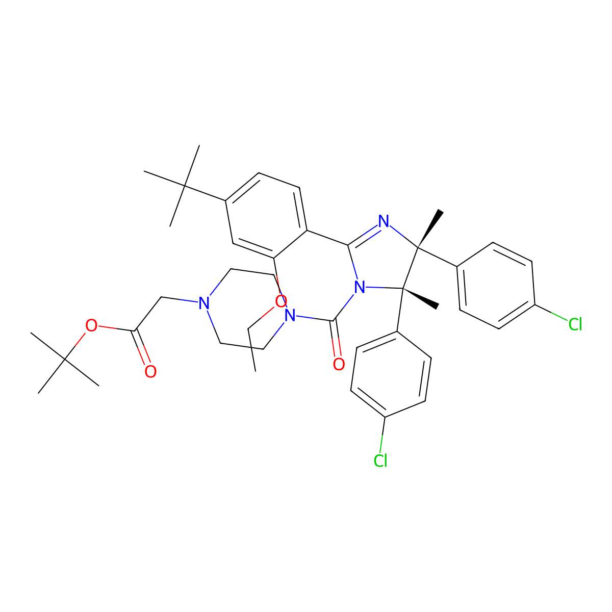 tert-butyl 2-(4-((4R,5S)-2-(4-(tert-butyl)-2-ethoxyphenyl)-4,5-bis(4-chlorophenyl)-4,5-dimethyl-4,5-dihydro-1H-imidazole-1-carbonyl)piperazin-1-yl)acetate(+) molecular structure, CAS 3037659-74-5