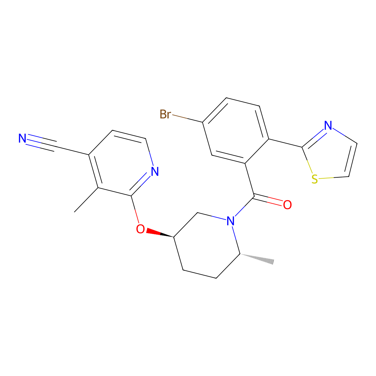 2-(((3R,6R)-1-(5-bromo-2-(thiazol-2-yl)benzoyl)-6-methylpiperidin-3-yl)oxy)-3-methylisonicotinonitrile molecular structure, CAS 3037660-28-6