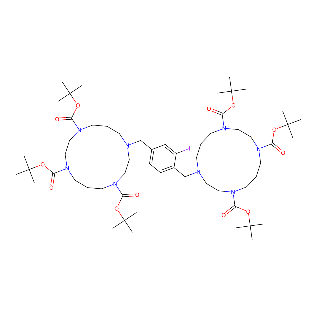 Hexa-tert-butyl 11,11'-((2-iodo-1,4-phenylene)bis(methylene))bis(1,4,8,11-tetraazacyclotetradecane-1,4,8-tricarboxylate) molecular structure, CAS 3037676-25-5
