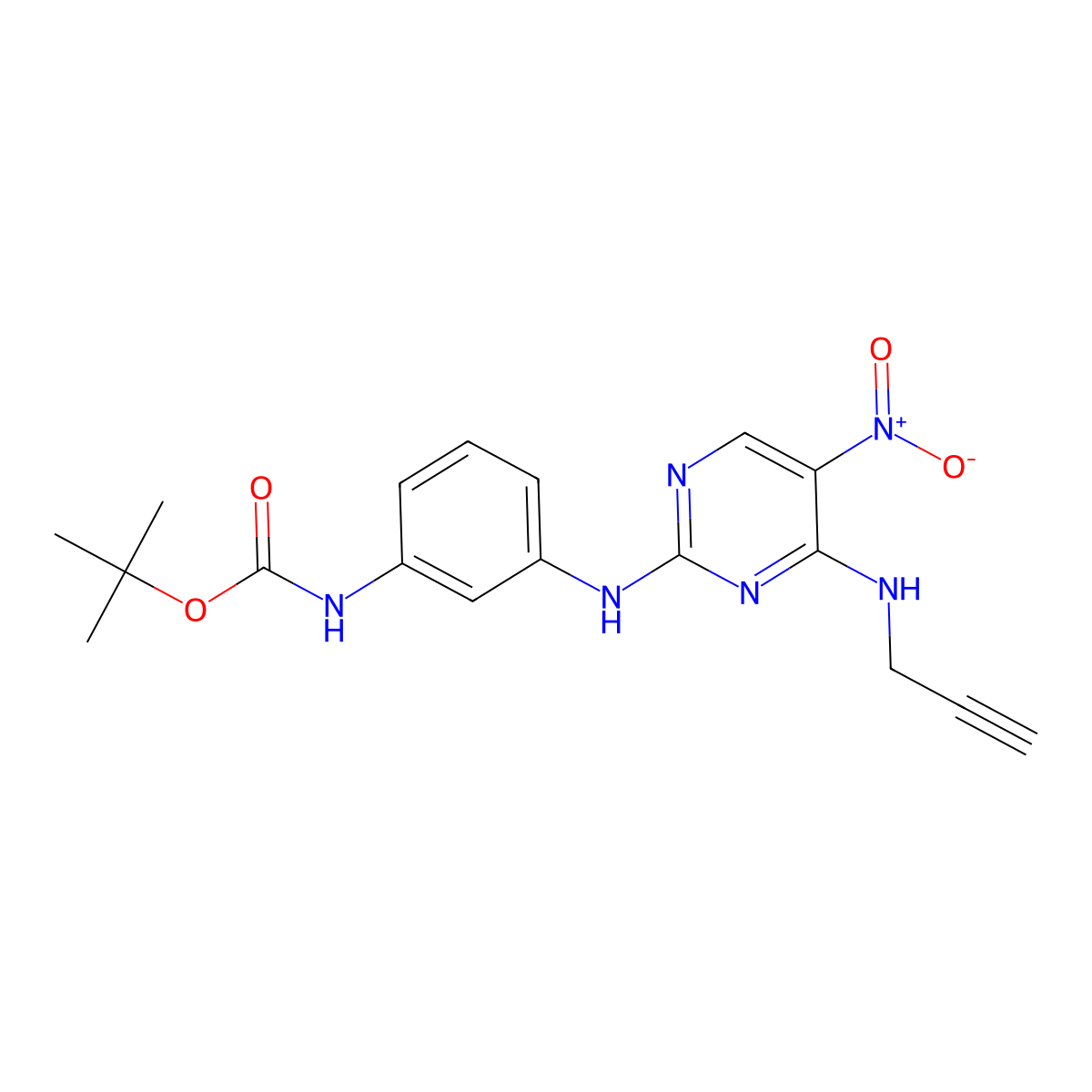 Tert-butyl (3-((5-nitro-4-(prop-2-yn-1-ylamino)pyrimidin-2-yl)amino)phenyl)carbamate molecular structure, CAS 3037676-46-0