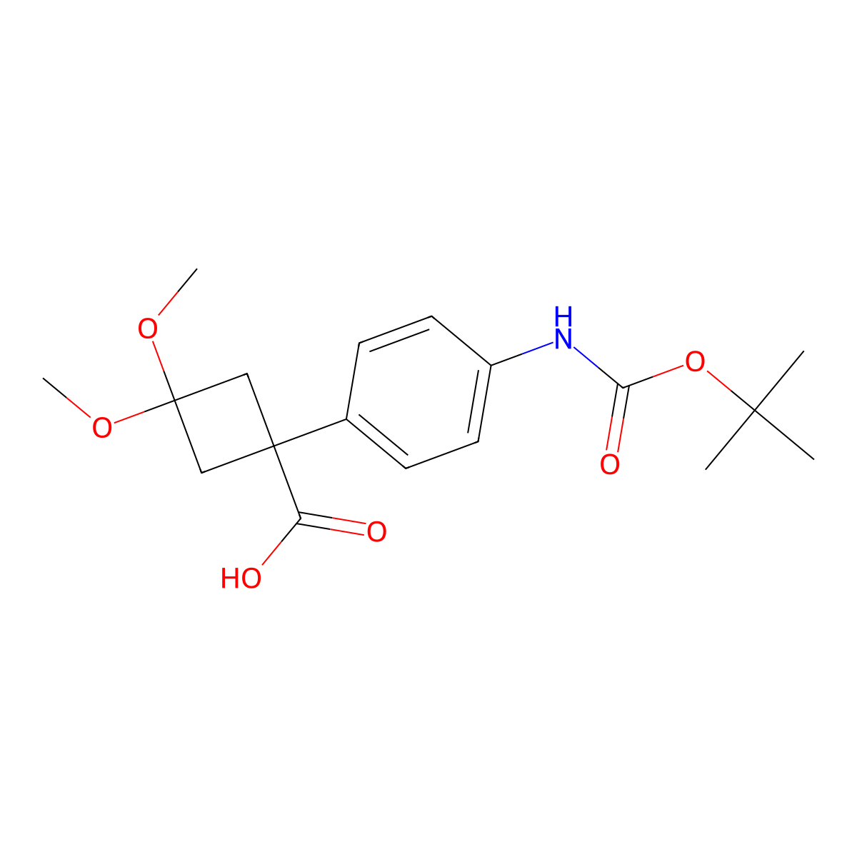1-(4-((Tert-butoxycarbonyl)amino)phenyl)-3,3-dimethoxycyclobutane-1-carboxylic acid molecular structure, CAS 3037676-57-3