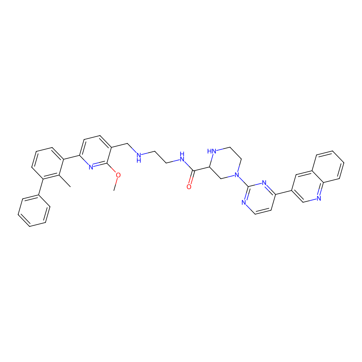 N-(2-(((2-Methoxy-6-(2-methyl-[1,1'-biphenyl]-3-YL)pyridin-3-YL)methyl)amino)ethyl)-4-(4-(quinolin-3-YL)pyrimidin-2-YL)piperazine-2-carboxamide molecular structure, CAS 3037676-78-8