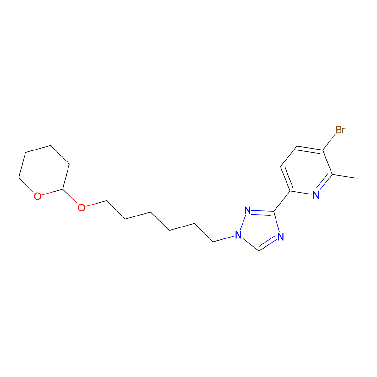 3-bromo-2-methyl-6-(1-(6-((tetrahydro-2H-pyran-2-yl)oxy)hexyl)-1H-1,2,4-triazol-3-yl)pyridine molecular structure, CAS 3037676-90-4
