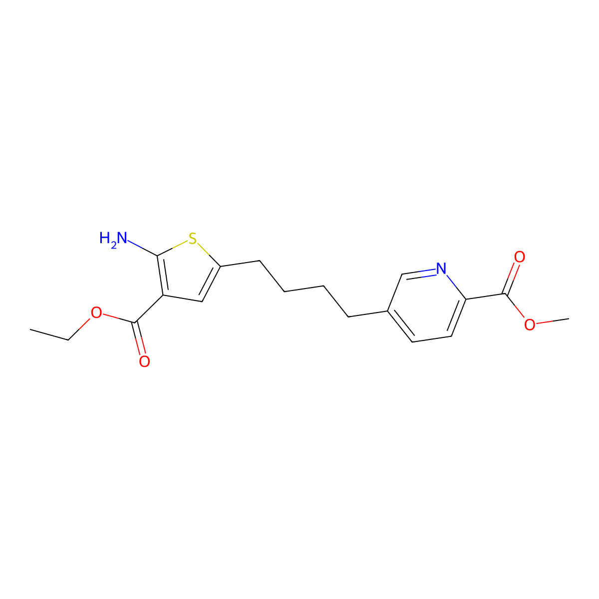 Ethyl 2-amino-5-{4-[6-(methoxycarbonyl)pyridin-3-yl]butyl}thiophene-3-carboxylate molecular structure, CAS 3037682-34-8