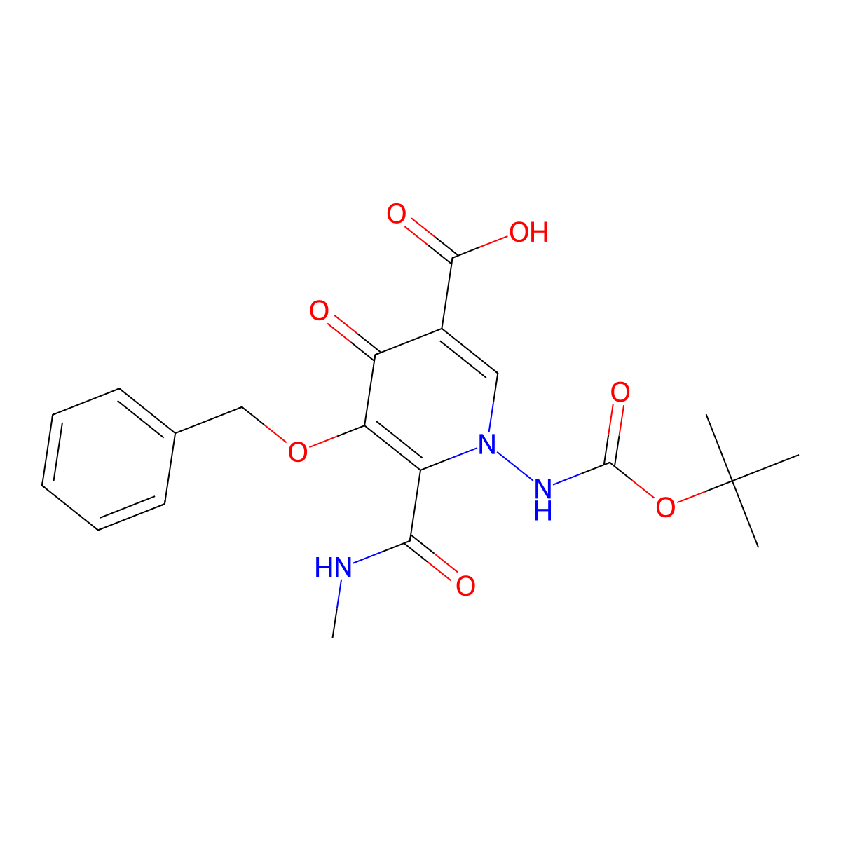 5-(Benzyloxy)-6-[(methylamino)carbonyl]-1-({[(2-methylprop-2-yl)oxy]carbonyl}amino)-4-oxopyridine-3-carboxylic acid molecular structure, CAS 3037693-37-8