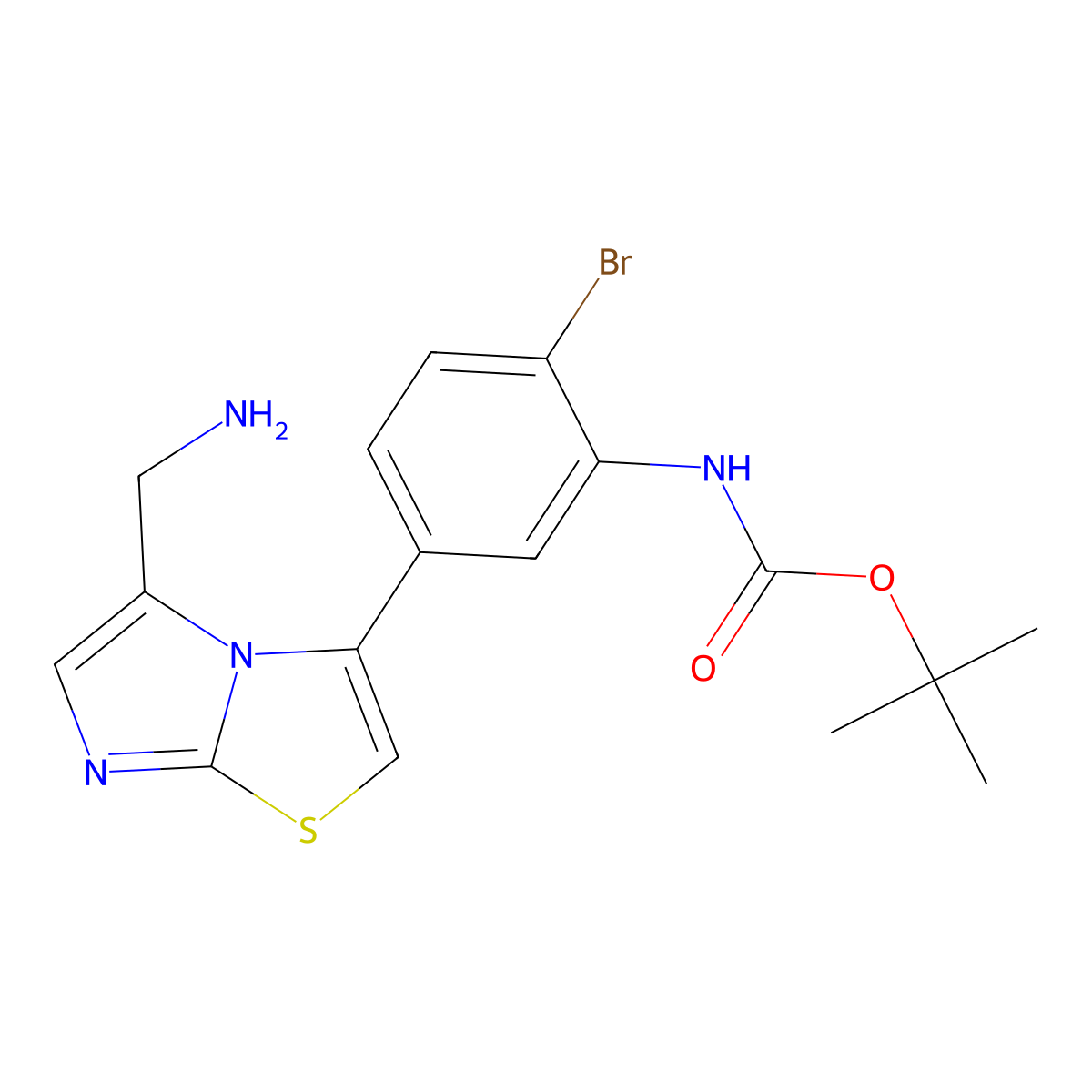 Tert-butyl (5-(5-(aminomethyl)imidazo[2,1-b]thiazol-3-yl)-2-bromophenyl)carbamate molecular structure, CAS 3037695-87-4