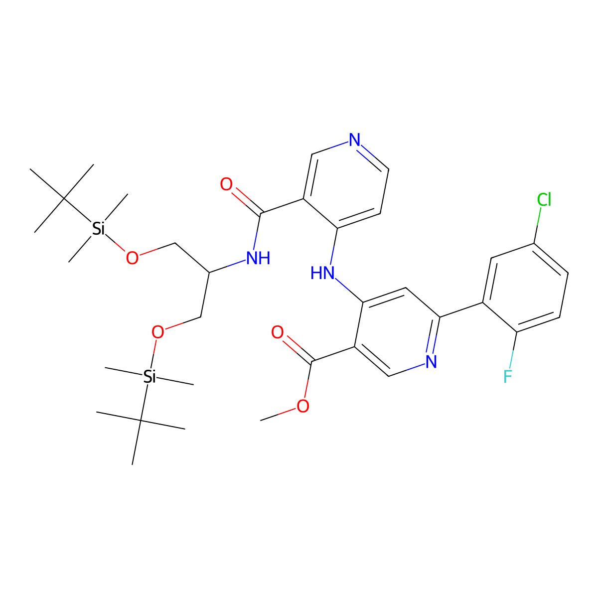 Methyl 6-(5-chloro-2-fluorophenyl)-4-(3-(2,2,3,3,9,9,10,10-octamethyl-4,8-dioxa-3,9-disilaundecan-6-ylcarbamoyl)pyridin-4-ylamino)nicotinate molecular structure, CAS 3037695-88-5