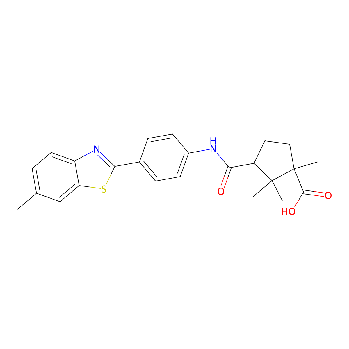 1,2,2-Trimethyl-3-{[4-(6-methyl-1,3-benzothiazol-2-yl)phenyl]carbamoyl}cyclopentanecarboxylic acid molecular structure, CAS 303770-97-0