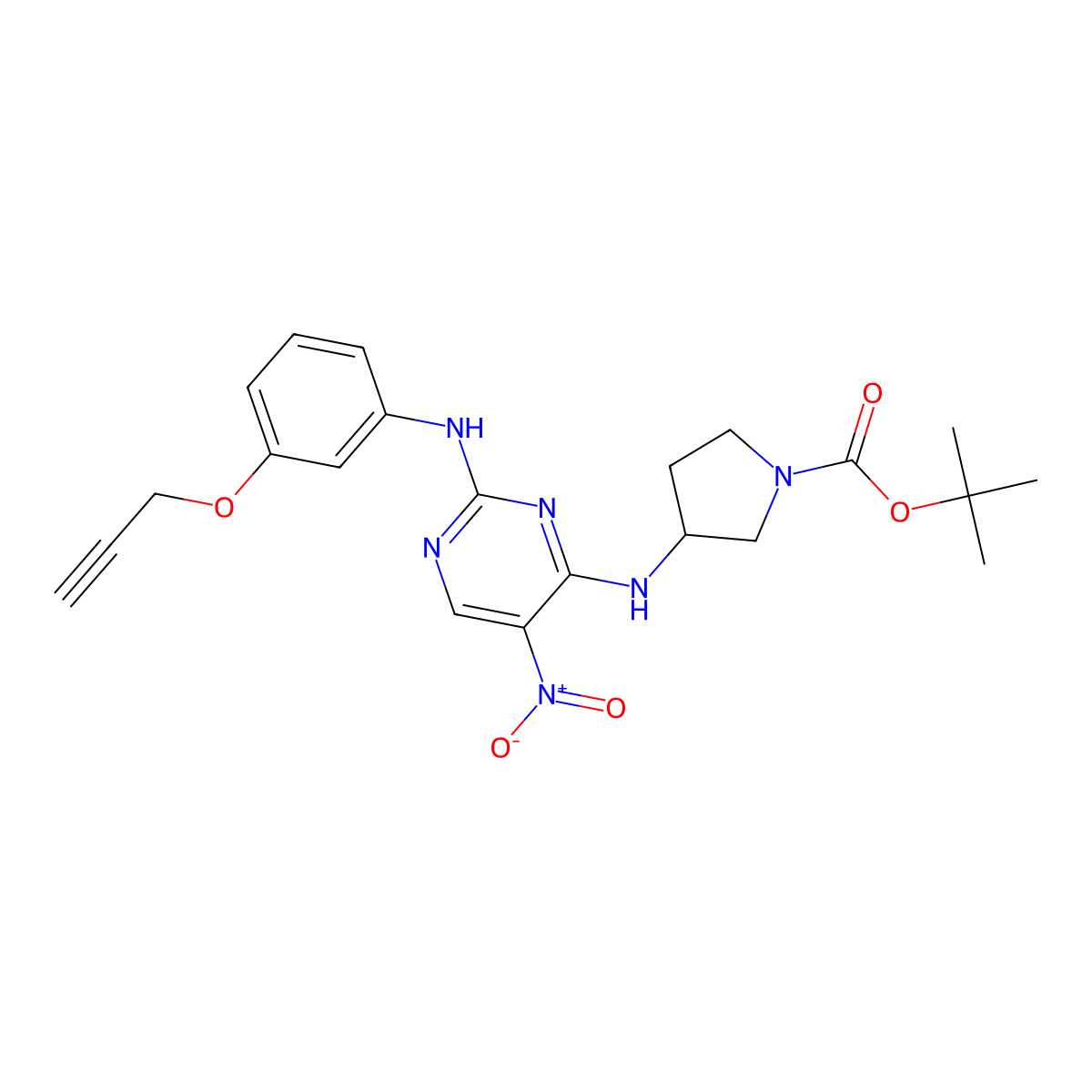 Tert-butyl 3-((5-nitro-2-((3-(prop-2-yn-1-yloxy)phenyl)amino)pyrimidin-4-yl)amino)pyrrolidine-1-carboxylate molecular structure, CAS 3037705-49-7