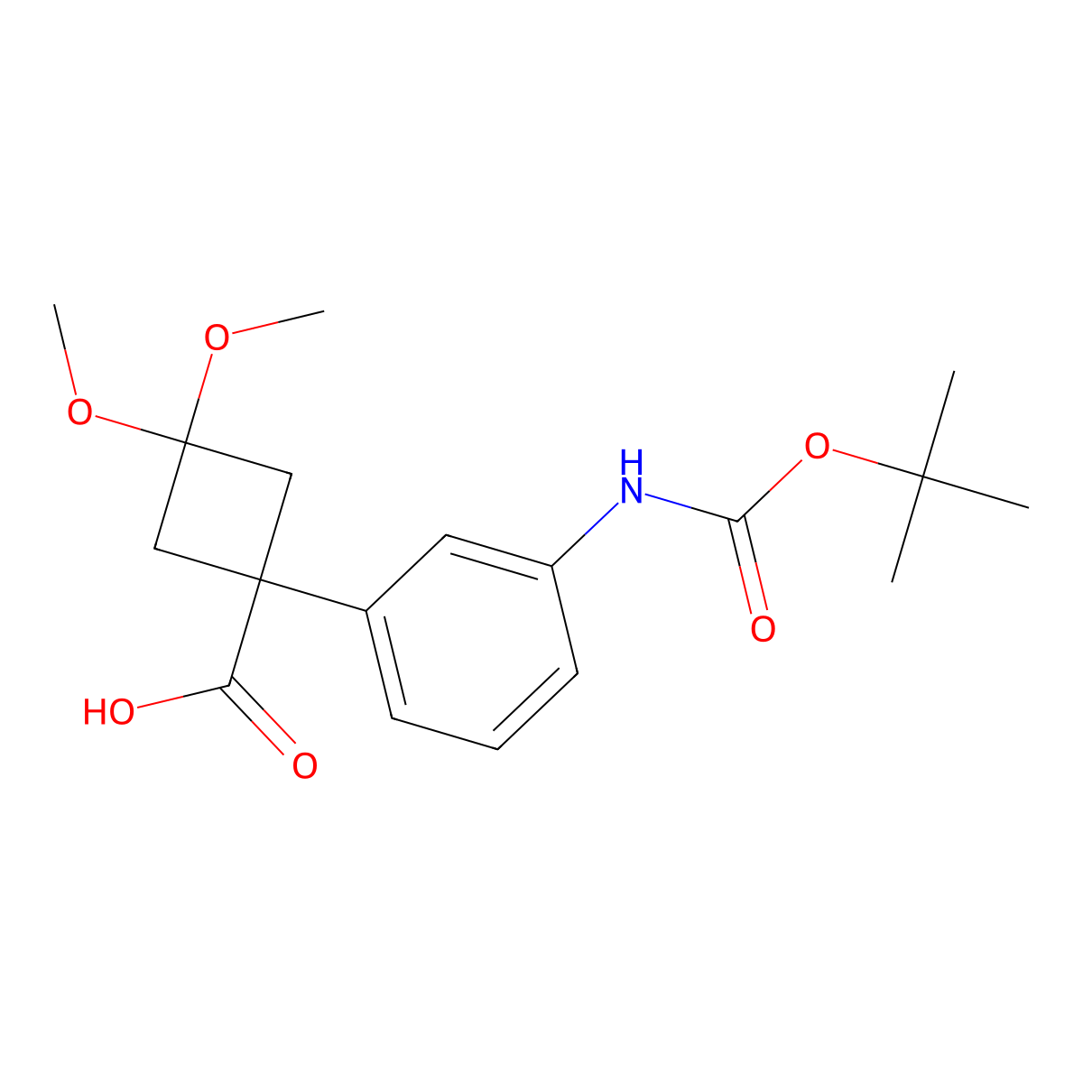 1-(3-((tert-Butoxycarbonyl)amino)phenyl)-3,3-dimethoxycyclobutanecarboxylic acid molecular structure, CAS 3037705-66-8