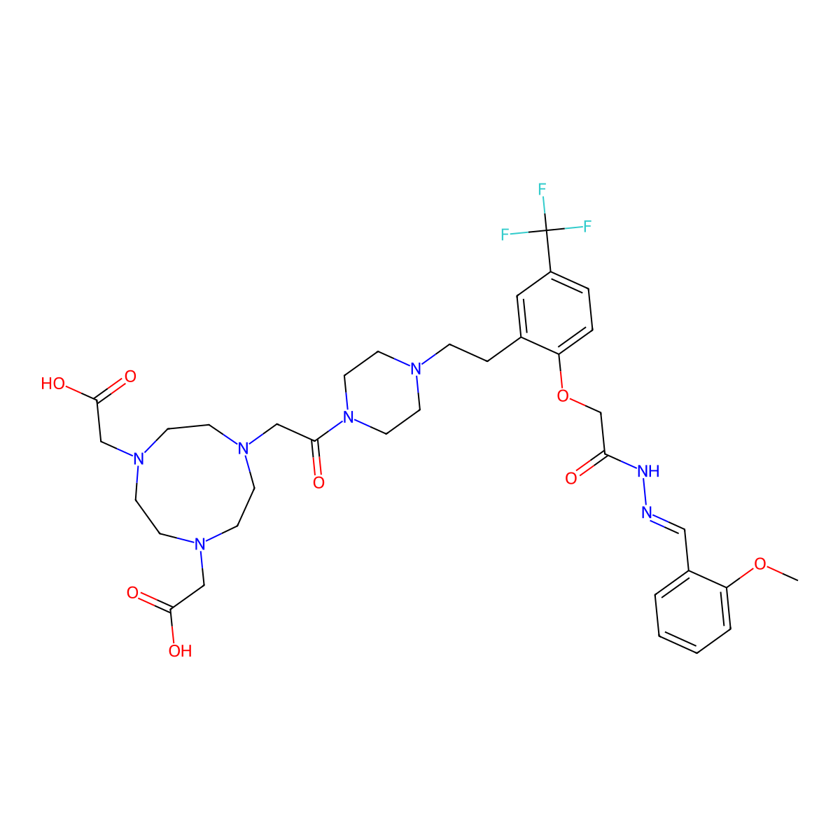(E)-2,2'-(7-(2-(4-(2-(2-(2-(2-Methoxybenzylidene)hydrazinyl)-2-oxoethoxy)-5-(trifluoromethyl)phenethyl)piperazin-1-YL)-2-oxoethyl)-1,4,7-triazonane-1,4-diyl)diacetic acid molecular structure, CAS 3037756-50-3