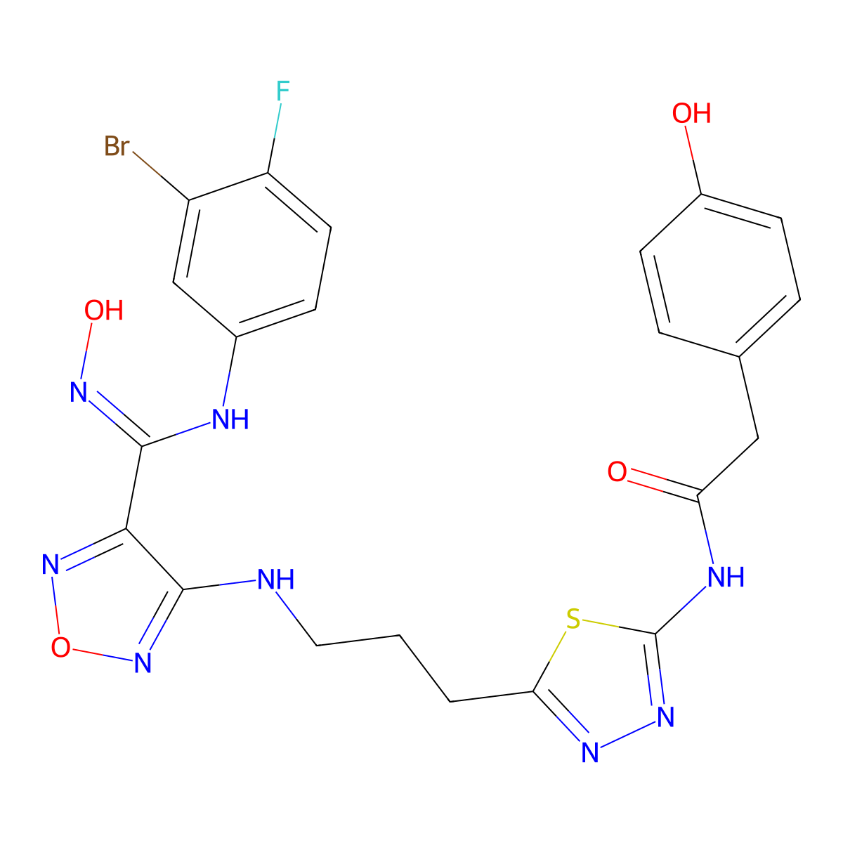 N-[5-[3-[[4-[N'-(3-bromo-4-fluorophenyl)-N-hydroxycarbamimidoyl]-1,2,5-oxadiazol-3-yl]amino]propyl]-1,3,4-thiadiazol-2-yl]-2-(4-hydroxyphenyl)acetamide molecular structure, CAS 3037850-79-3