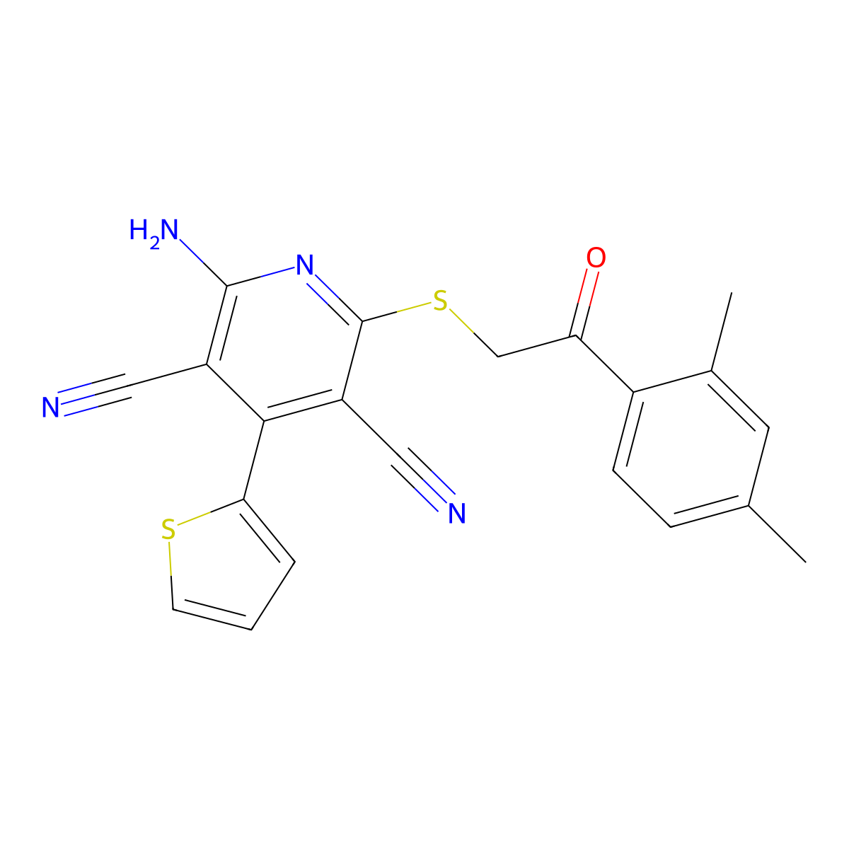 2-Amino-6-{[2-(2,4-dimethylphenyl)-2-oxoethyl]sulfanyl}-4-(thiophen-2-yl)pyridine-3,5-dicarbonitrile molecular structure, CAS 303786-18-7