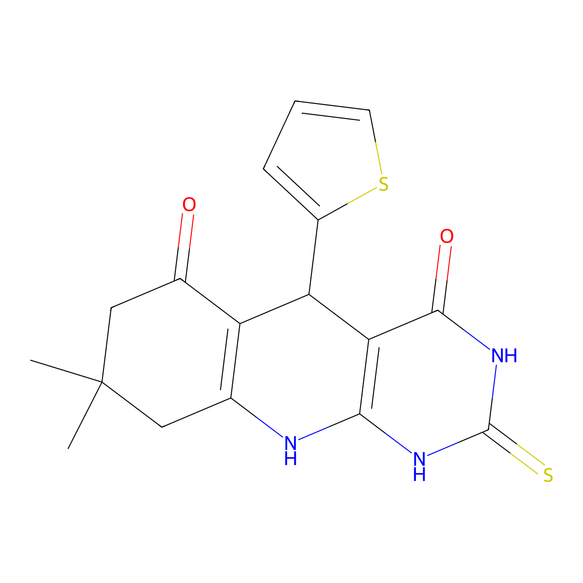 8,8-dimethyl-2-sulfanylidene-5-thiophen-2-yl-5,7,9,10-tetrahydro-1H-pyrimido[4,5-b]quinoline-4,6-dione molecular structure, CAS 303787-04-4