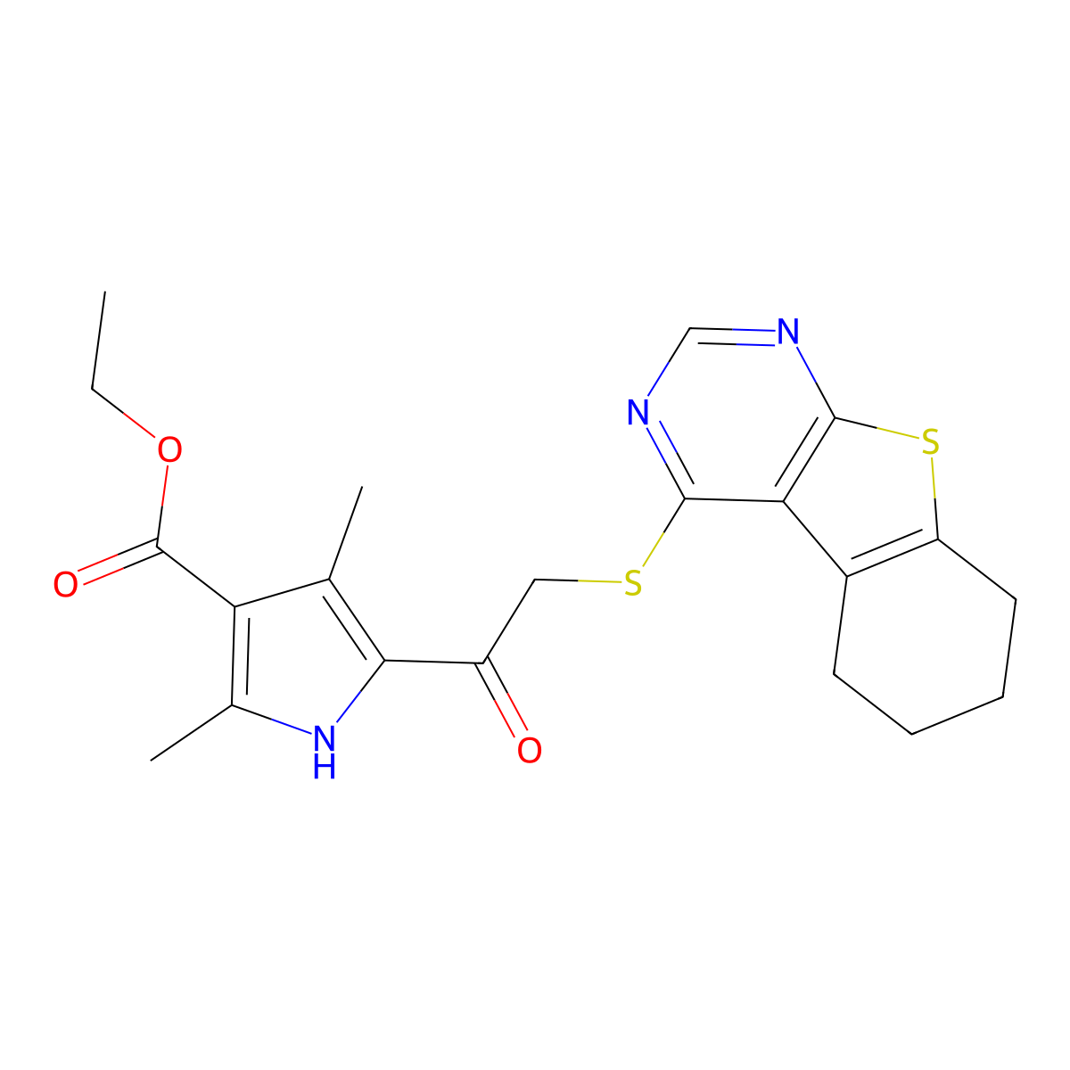 ethyl 2,4-dimethyl-5-[(5,6,7,8-tetrahydro[1]benzothieno[2,3-d]pyrimidin-4-ylsulfanyl)acetyl]-1H-pyrrole-3-carboxylate molecular structure, CAS 303787-86-2